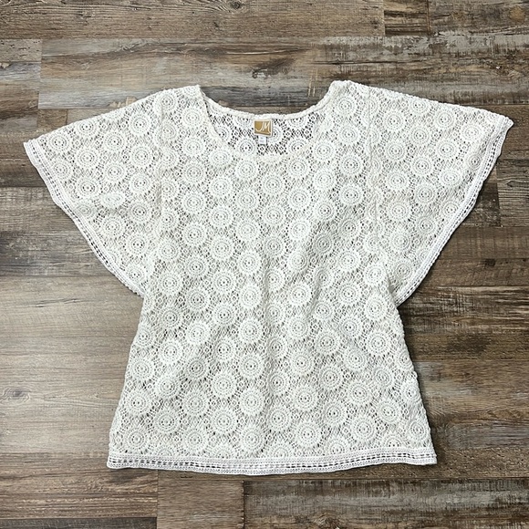 JM Collection Open Crochet Angel Sleeve Top Size M Cottage Boho Hippie Festival - Picture 7 of 13